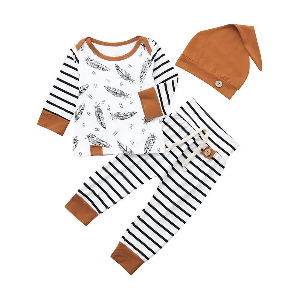 Newborn Infant Baby Girl Boy Print T-Shirt Tops+Pants+Hat Outfits Clothes