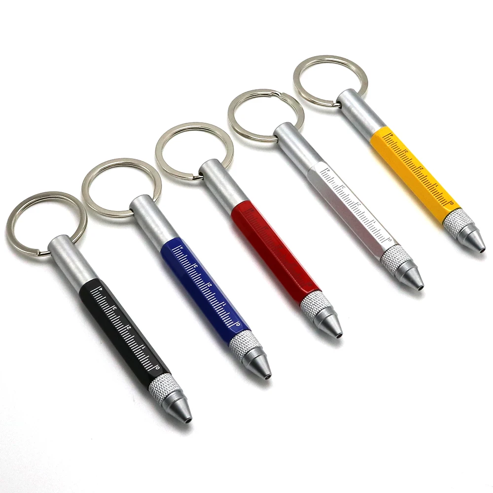 Multi Function Ball Pen 6 in 1 Tool Screwdriver Ruler Mini Metal Ballpoint Pen with Keychain