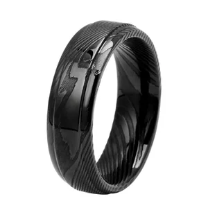 7mm Ready to Ship Plating Black Dome Polished Finish Wood Grain Damascus Steel Ring for Men