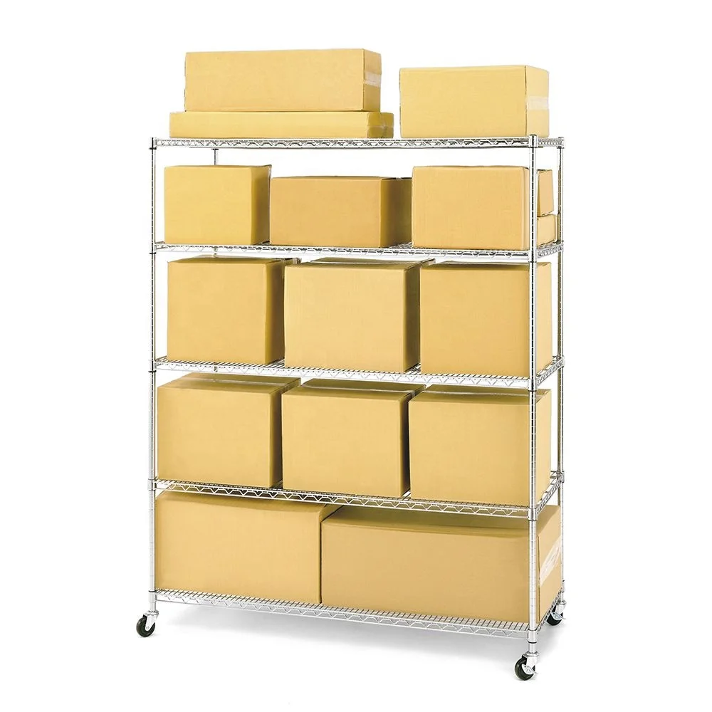 5 Tier Layer Shelf Adjustable Rolling Movable Chrome Metal Wire Shelving Rack with Wheels