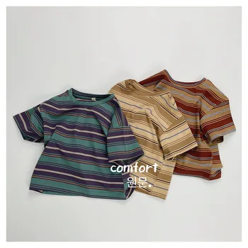 New children's stripes T-shirt Summer short sleeve shirt with simple crew neck for boy