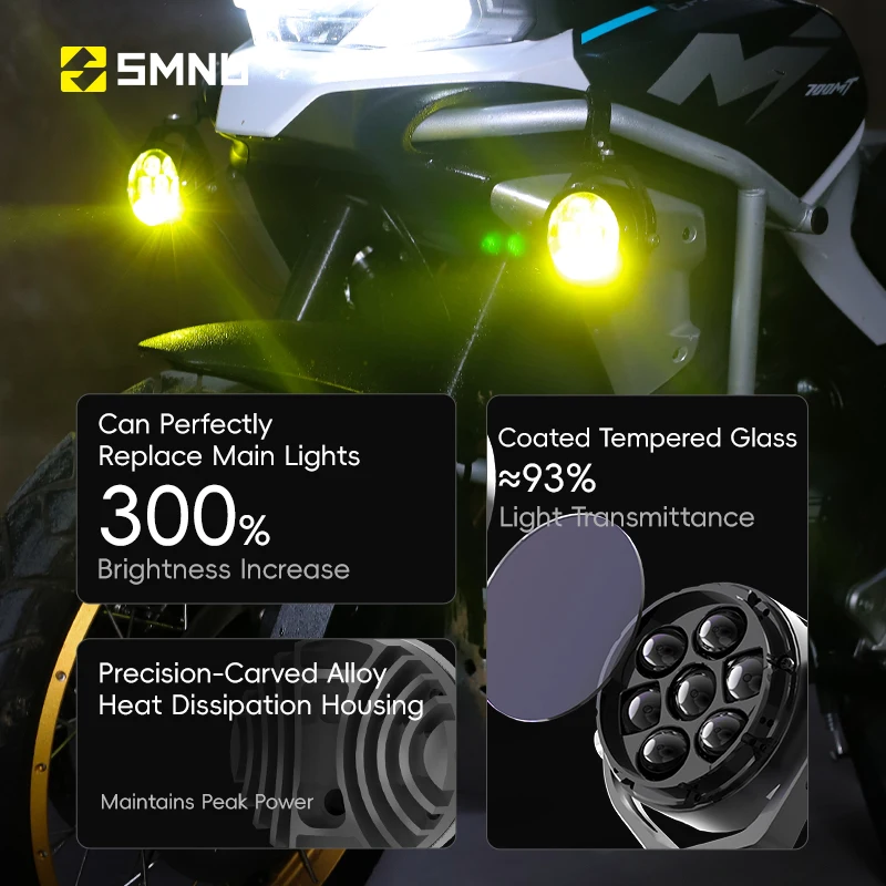 SMNU motociklo rūko žibintas ir lempa, LED, 7 lęšiai, CNC aliuminio gamybos, 2800 lm, itin ryškūs, IP67 apsaugoti, dvigubo spinduliavimo, keturių apšvietimo režimų papildomi žibintai