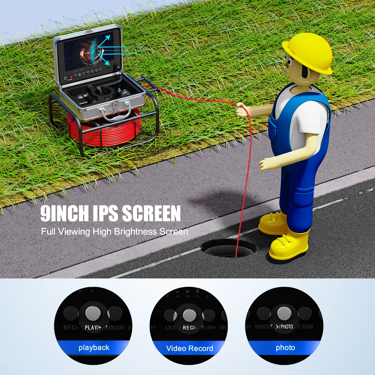 9 Inch IPS Sewer Pipe Inspection Camera - 720P Screen