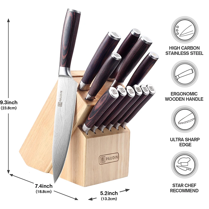  PAUDIN Kitchen Knife Set with Block, 14 Pieces Knife