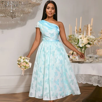 AM050602 Light Blue One Shoulder Jacquard Belted a Line Elegant Midi Women's Casual Dress Summer