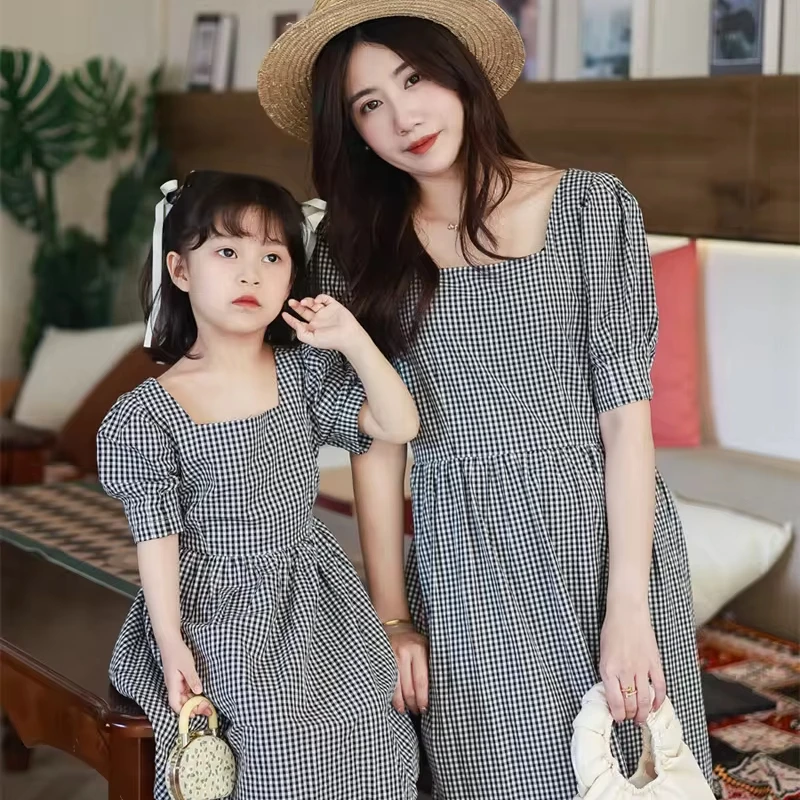 2025 Vintage Korean Style Cotton Plaid Dress Mommy Me Matching Dress Kids  Girls Mother Personalised Private Logo Label Children