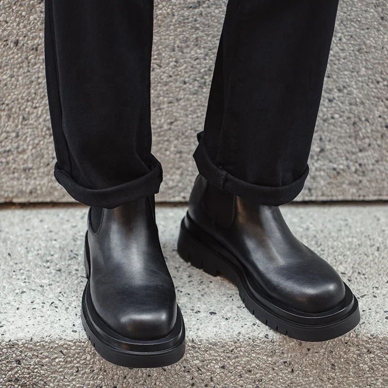 Chunky Chelsea Boots With Jeans Men Synthetic Leather Stylish