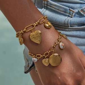 MW Trendy Sweet Romantic Charm Bracelet  Stainless Steel with Pearl Accents, Photo Locket, Angel & Love Heart OT Clasp Design