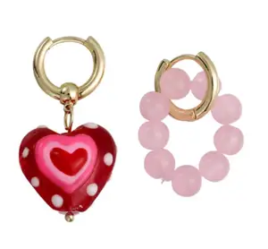 Women's New Fashionable Trendy Metal Earrings Hit Color Asymmetric Beaded Heart Hoop Removable Two-Way Design Layers Contrast