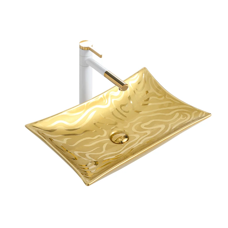 Luxury Golden Color Artistic Fancy Wash Basin Silver Hotel Ceramic Rectangular Bathroom Vessel Sink