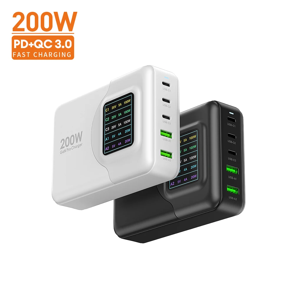 GaN Tech 200W LED Intelligent Digital Display USB Charging Station PD Fast Charger for MacBook Pro/Air for iPhone 13 12 Pro Max