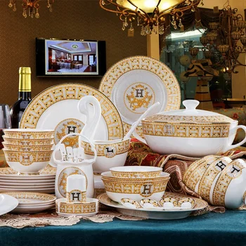 New Arrival hot sale 60 Pieces Western Style Golden Mosaic Bone China Tableware Set