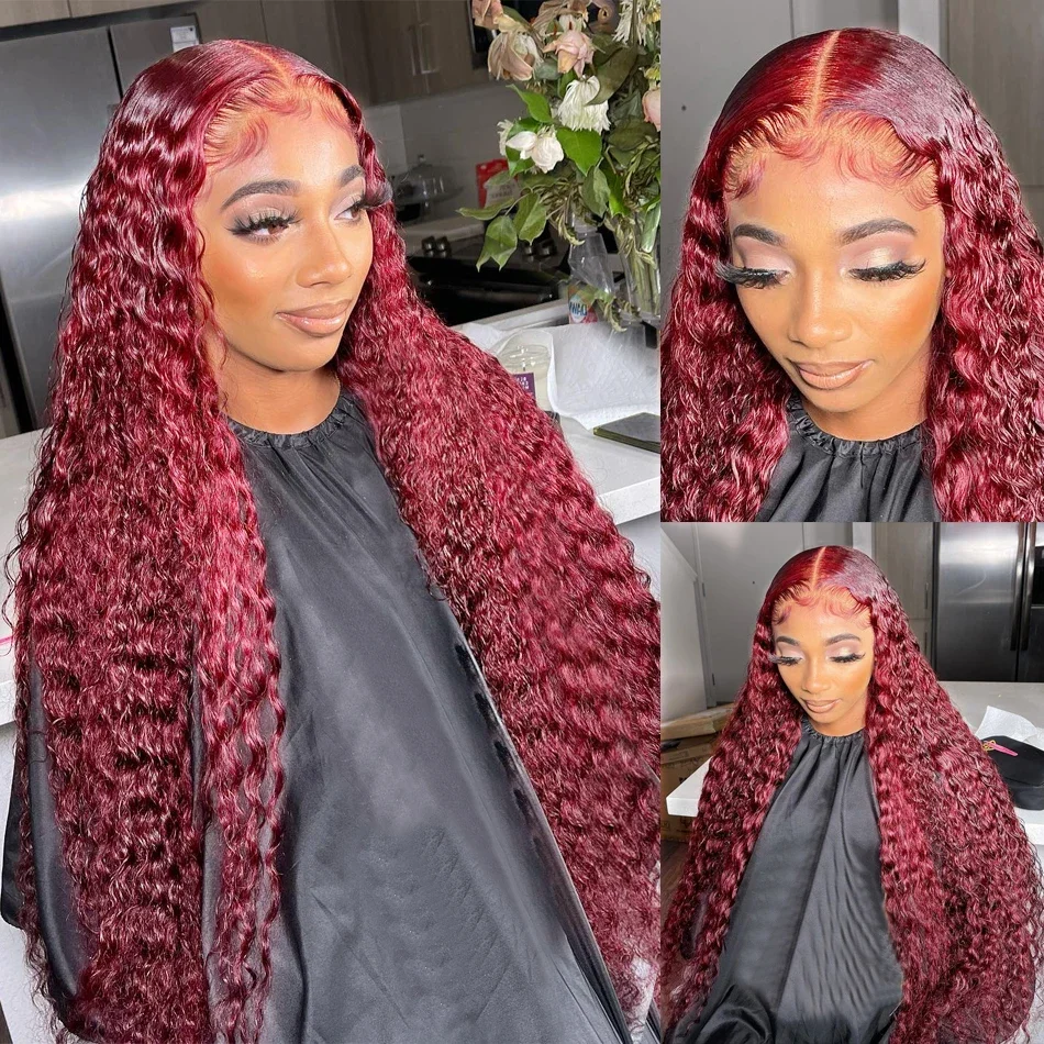 Wasserwelle 99J Burgunderrote Lace-Front-Perücke Transparente tiefe Welle 13x4 Lace-Frontal-Perücke Rot Lockige Farbige Echthaar-Perücken für Frauen_voghion.com