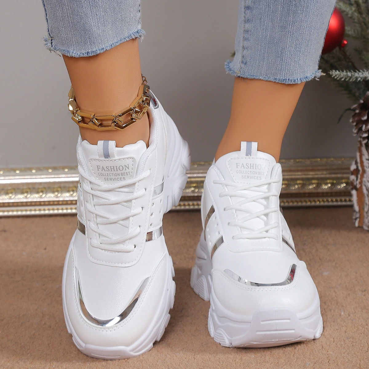 Height Increasing Rubber Women's Tennis Sneakers in White PU