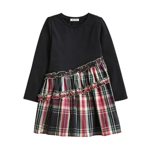 College Style Kids Girls Long Sleeve OEM & ODM Sweatshirt with Plaid Patchwork Ruffles Dresses Winter Clothes