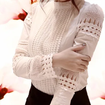 Breathable Slim-fit Cotton Hook Flower Casual Elegant Long-sleeved White Bottoming Blouses Hollow Lace Shirt