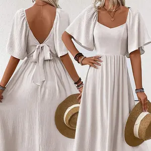 Huili Manufacturer 2025 Summer High Quality Solid Color Custom Print Short Sleeve High Waist Hawaiian White Backless Long Dress