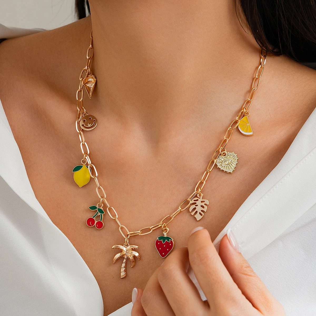 Bohemian Colorful Dripping Oil Fruit Coconut Tree Pendant Necklace for Women Creative DIY Boho Jewelry on Neck Accessories Gifts