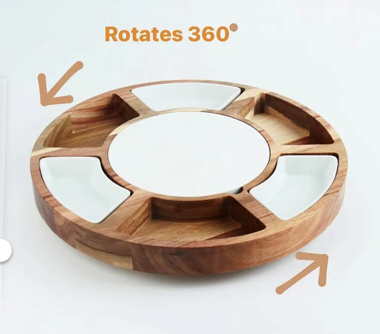 Party Cheese Meat Vegetable Cutting Boards Lazy Susan Round Acacia Wood Charcuterie Serving Board with Porcelain Bowl