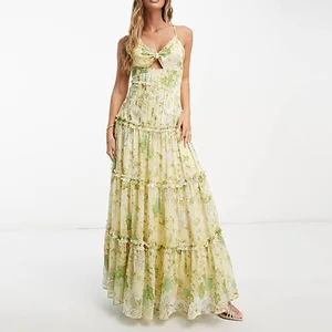Women's V-Neck Halter Knot Front Cut-out Raw Edge Tiered Yellow Floral Print Maxi Flare Sundress