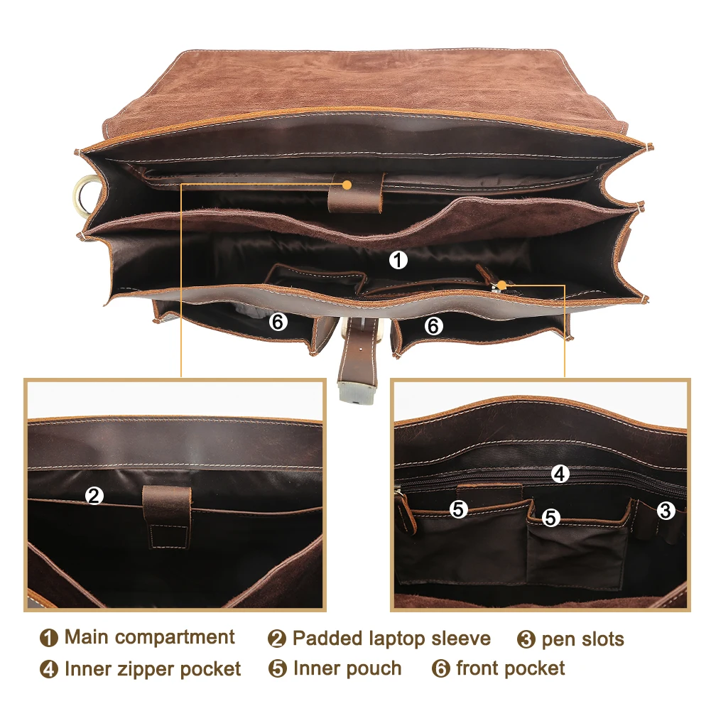 Wholesale Men Briefcase Bag Business Brown Crazy Horse Leather Shoulder Messenger Office Handbag Laptop Bags