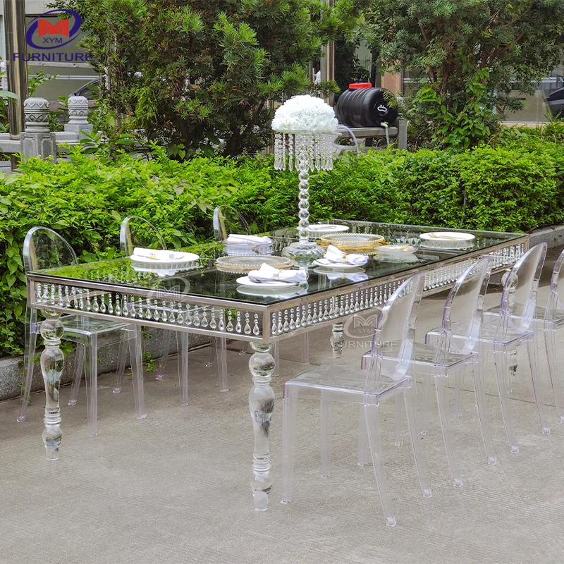 Transparency Rectangular Stainless Steel Frame Wedding Acrylic Banquet clear Dining Table with Leg for Wedding