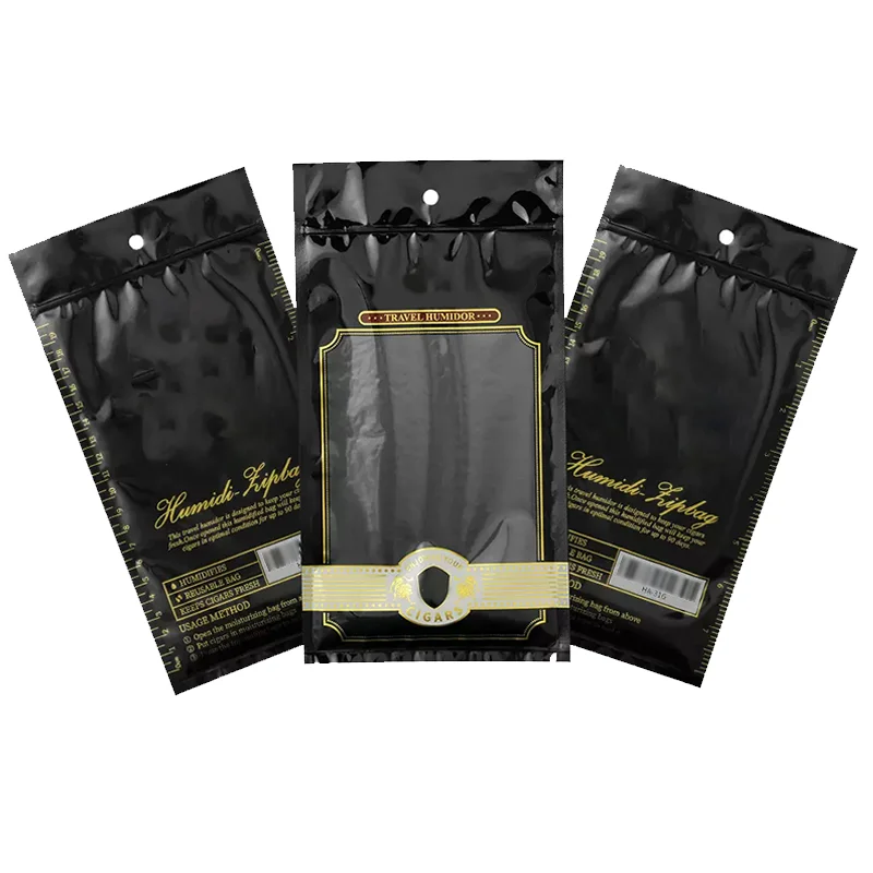 Custom Design Resealable Smell Proof Ziplock Pouch With Smoked Tobacco Leaf  Print Waterproof Cigar Humidifier Packaging Bags