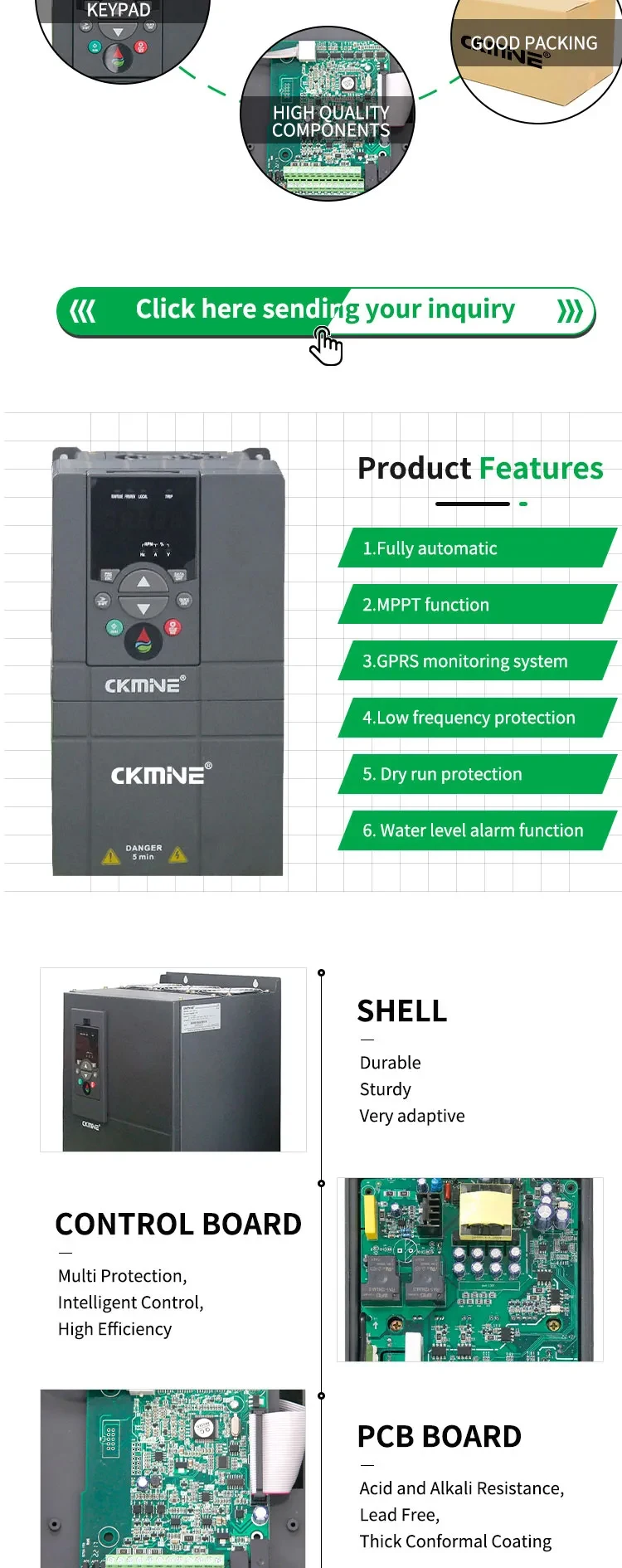 CKMINE 150HP Solar Water Pump Inverter System DC AC 110kW 3 Phase to 3Phase 380V Variable Frequency Drive MPPT VFD for Motor details