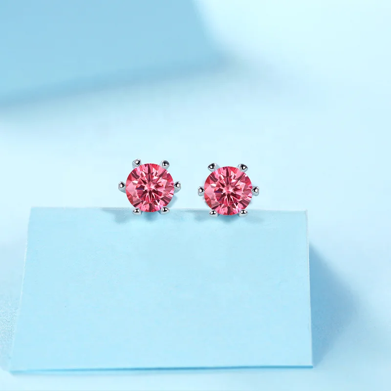 HMOIS fashion earrings six claws women stud silver 0.5ct round gems pink moissanite stud earrings