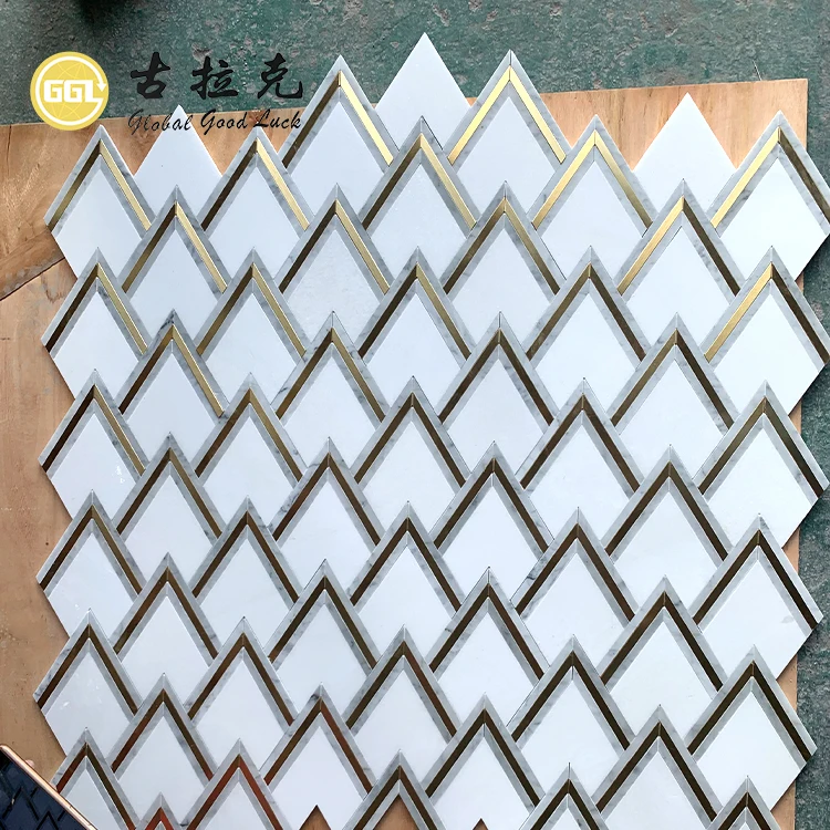 Modern design Arrow shape Thassos white waterjet Marble mix brass mosaic tile for wall and floor