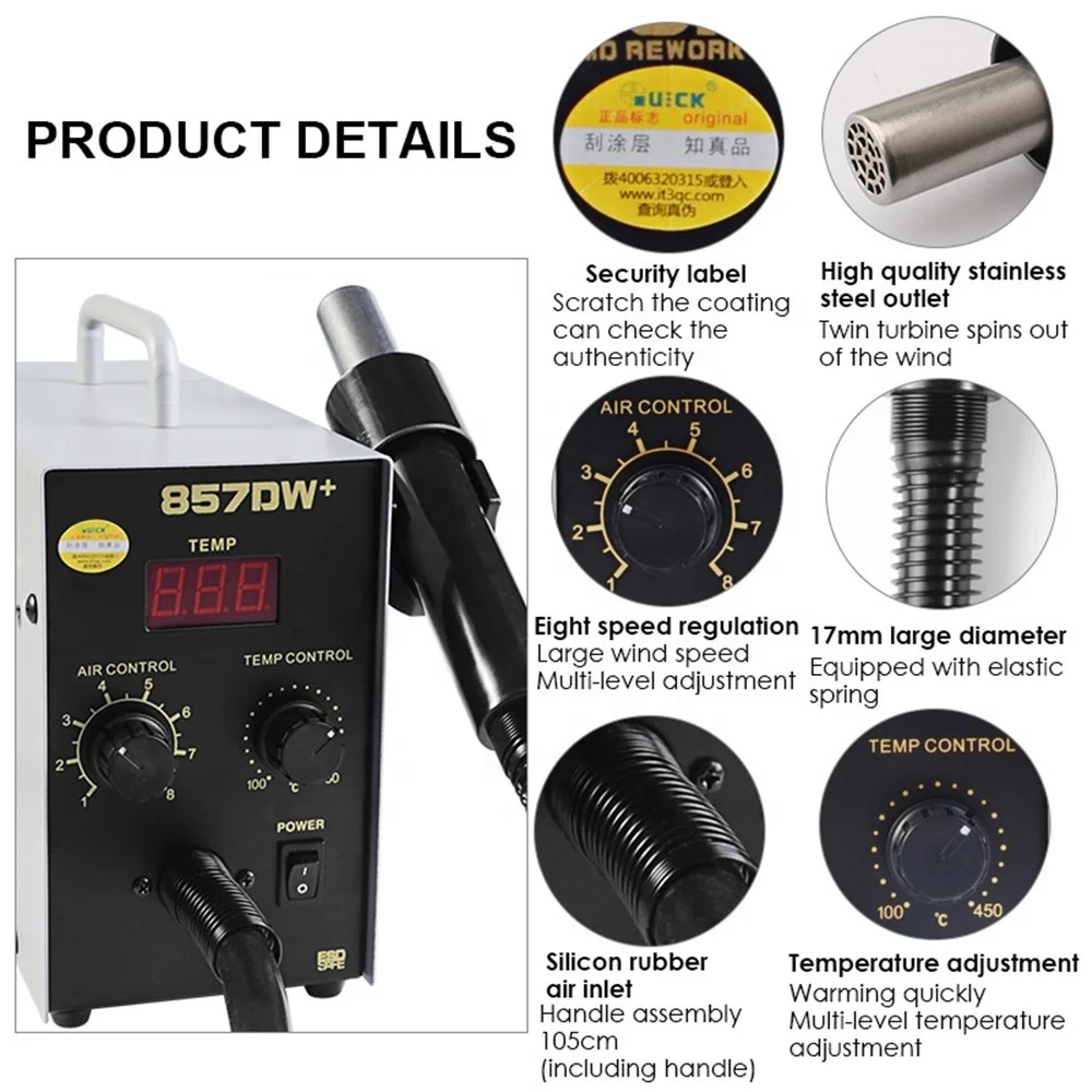Original Quick 857DW+ Soldering Station Hot Air Gun 580W Heater Helical SMD Desoldering Hot Rework Station