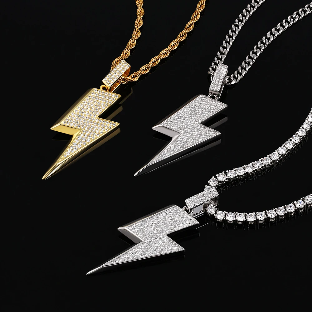 Lightning store Flash Zircon Pendant Necklace Men Women Silver Hip Hop Ice