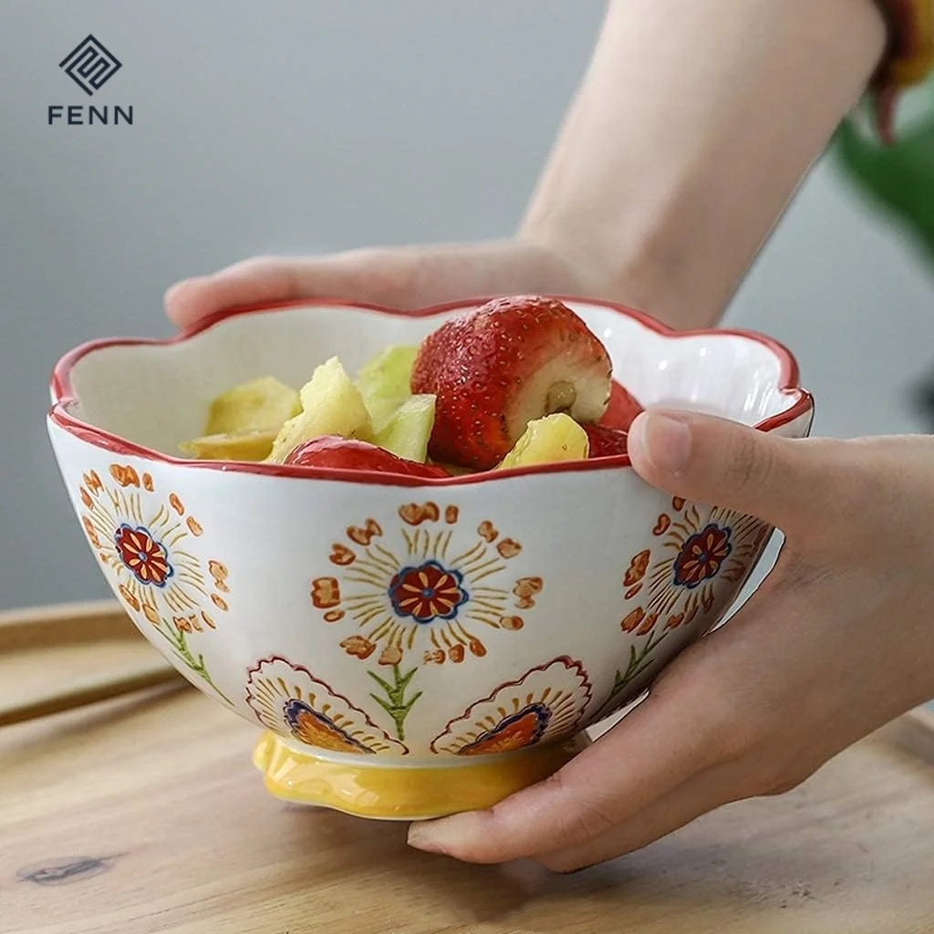 FENN Japanese style creative kawaii embossed flower design ceramic bowl 6 inch dinnerware set for restaurant ceramic salad bowl