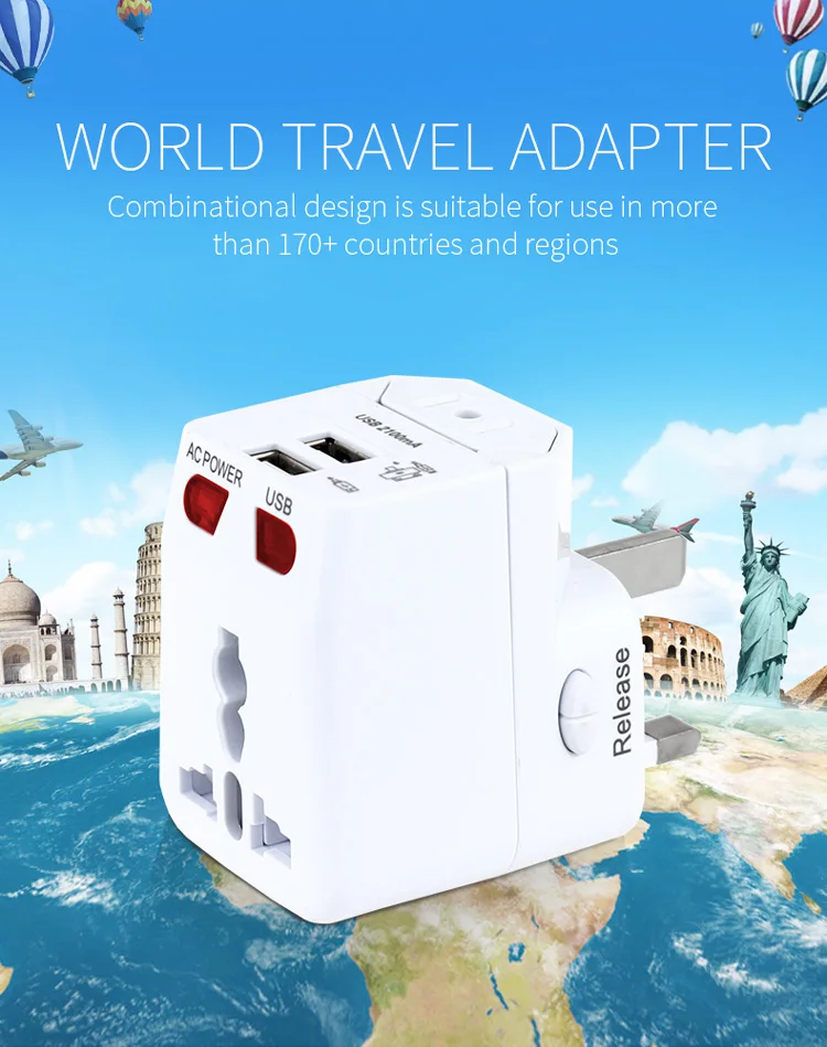 适用于Wonplug国际旅行适配器2 USB电源插头电源插座通用USB电源充电器转换器方便