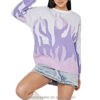 Popular Flame Pattern Print Knitted Top Ladies Sweater Jacquard Casual Round Neck Pullover Knitwear Women's Sweater