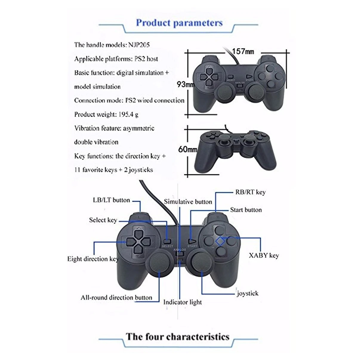 Wired Gamepad for PS2 - Dual Motor Joystick Gaming