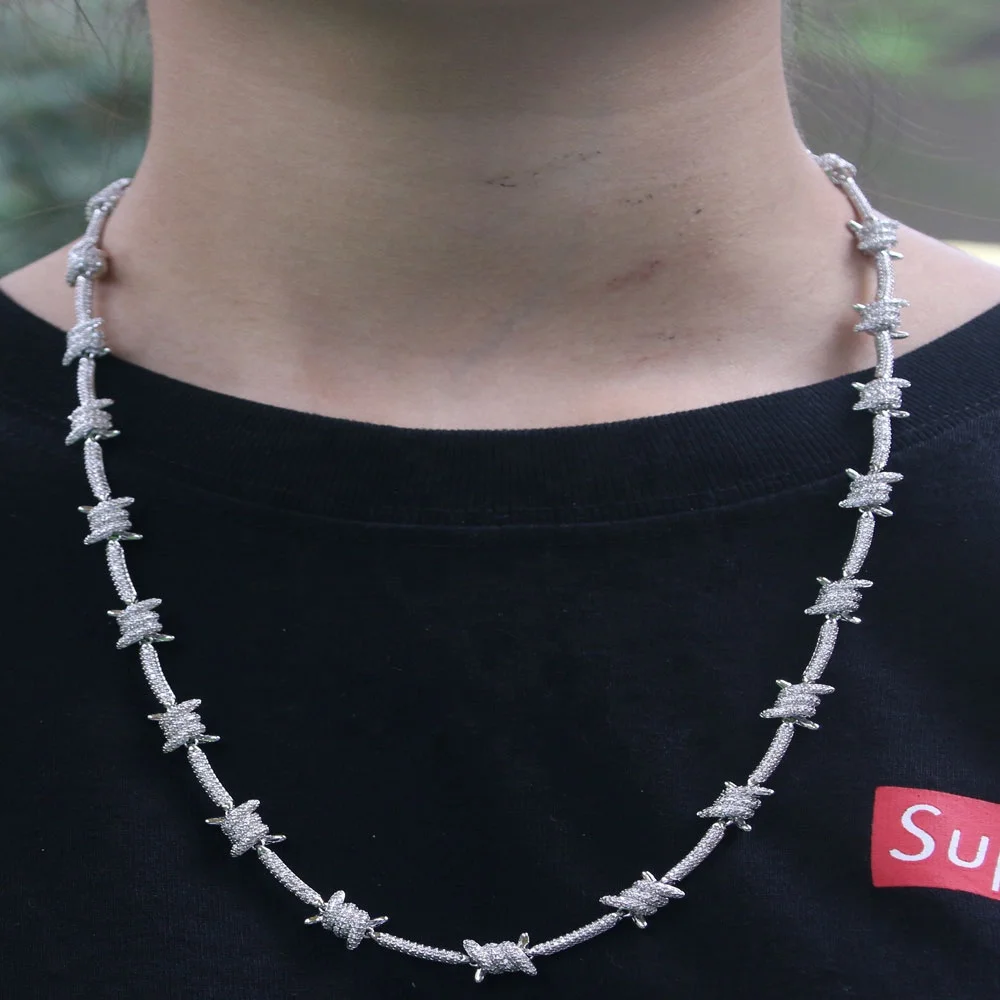 White Gold Barbed Wire Chain Necklace with Zircon