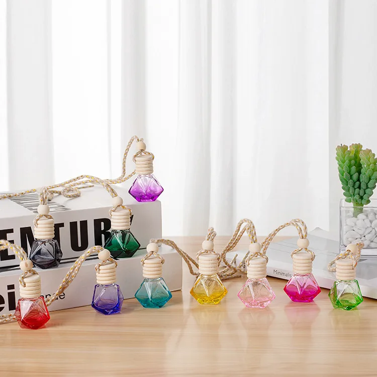 Wholesale 8ml Diamond Shape Hanging Car Essential Oil Fragrance Diffuser Colorful Empty Glass Perfume Bottle Screen Printing