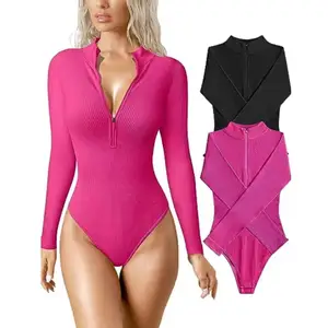 Long Sleeved Ribbed Jumpsuit with Front Zipper Sexy Skinny Fit Top Jumpsuit