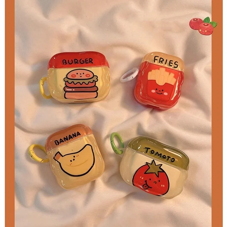 Étui pour écouteurs en TPU Cartoon drôle et mignon avec design de burger et frites pour AirPods 1/2 3 Pro étanche et antichoc style Ins  