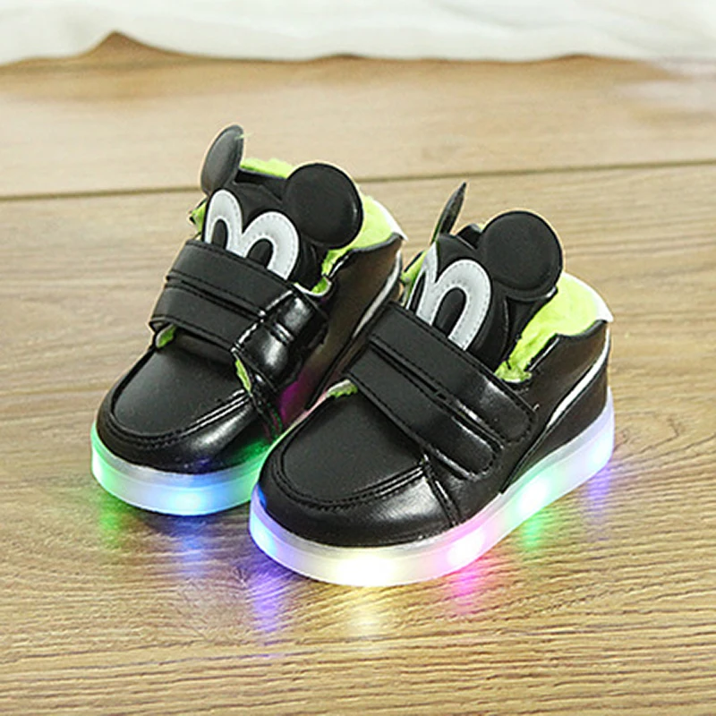 
Зимние теплые детские кроссовки со светодиодами для малышей, легкие спортивные детские кроссовки с Микки Маусом 