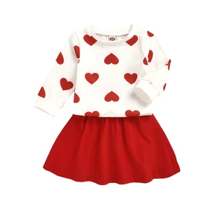 Customizable Mother's Day Girls Long Sleeve Sweatshirts Skirts Love Printed Pleated Skirt Kids Clothing Sets