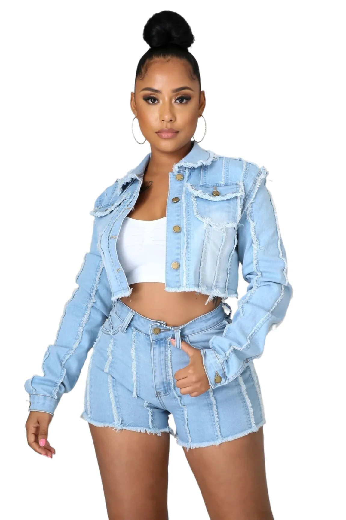KY Women's Sexy Cropped Denim Jacket Summer Shorts Set Street Wear