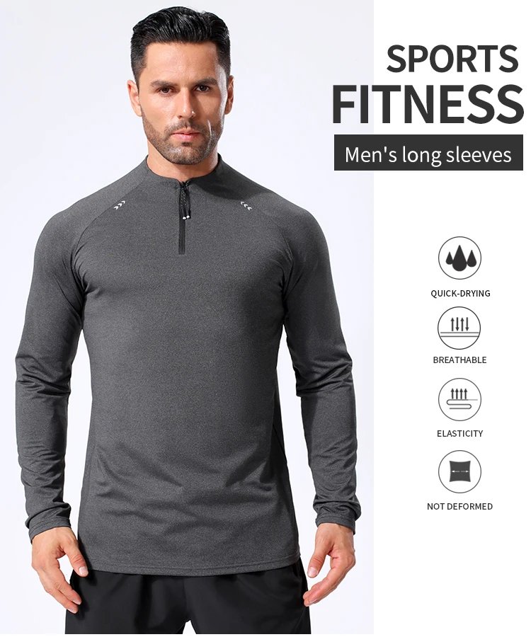 Men Sport Long Sleeve Shirt 90 Polyester 10 Spandex Muscle Reflective Design Zipper Collar Men