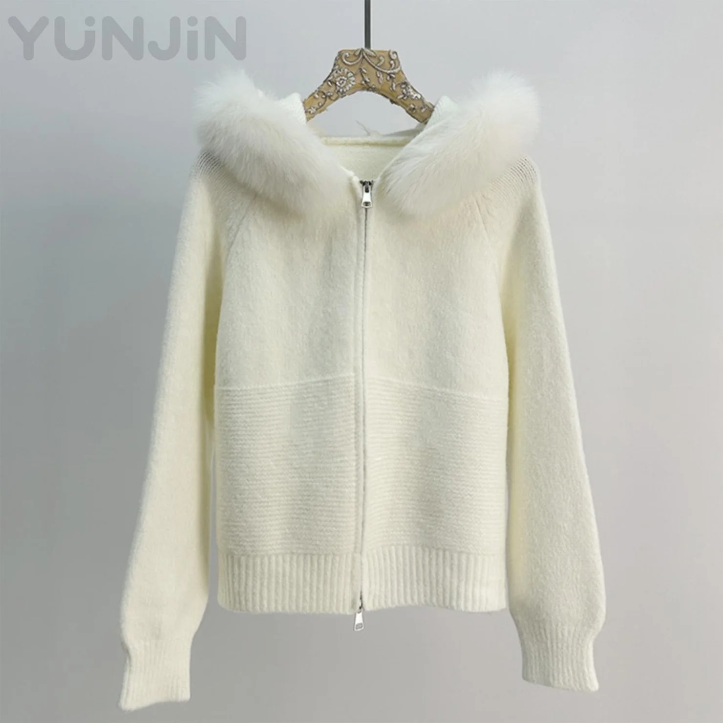 Waffle Knitted Real Fox Fur Collar Cardigan Crochet