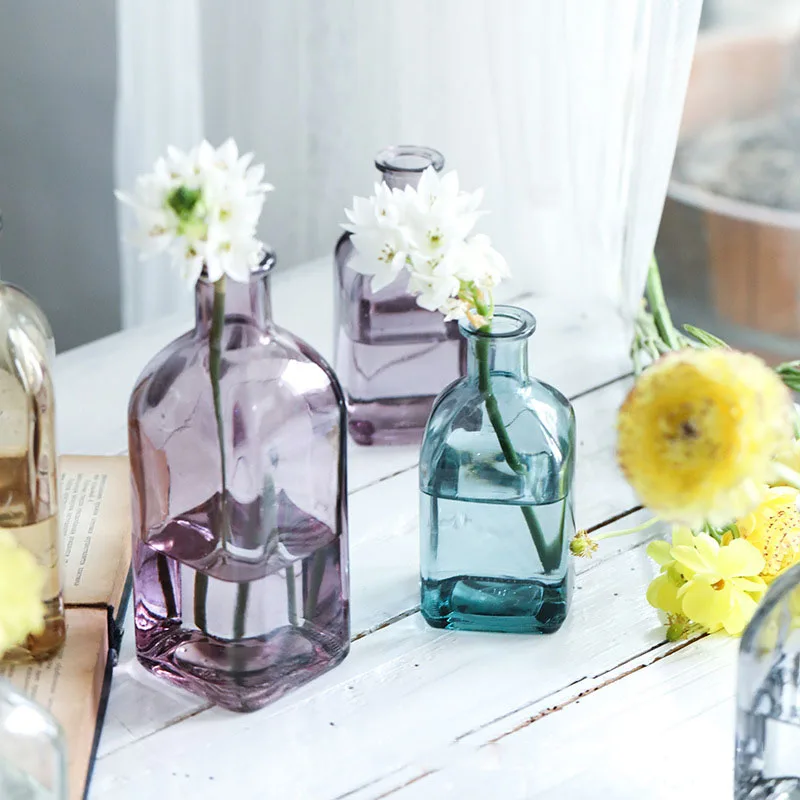 Colored Glass Vase for Home Decor Narrow-mouth Square Modern Blue Wedding Vase Glass