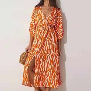 Lady Fashion Dress Deep V-Neck Summer Tropical Stripe Print Long Viscose Clothing Slim Women's Dresses