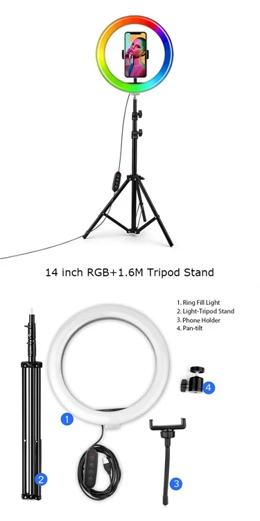 Rgb Led Selfie Circle Ring Light With 1.6 Meter Tripod Stand And