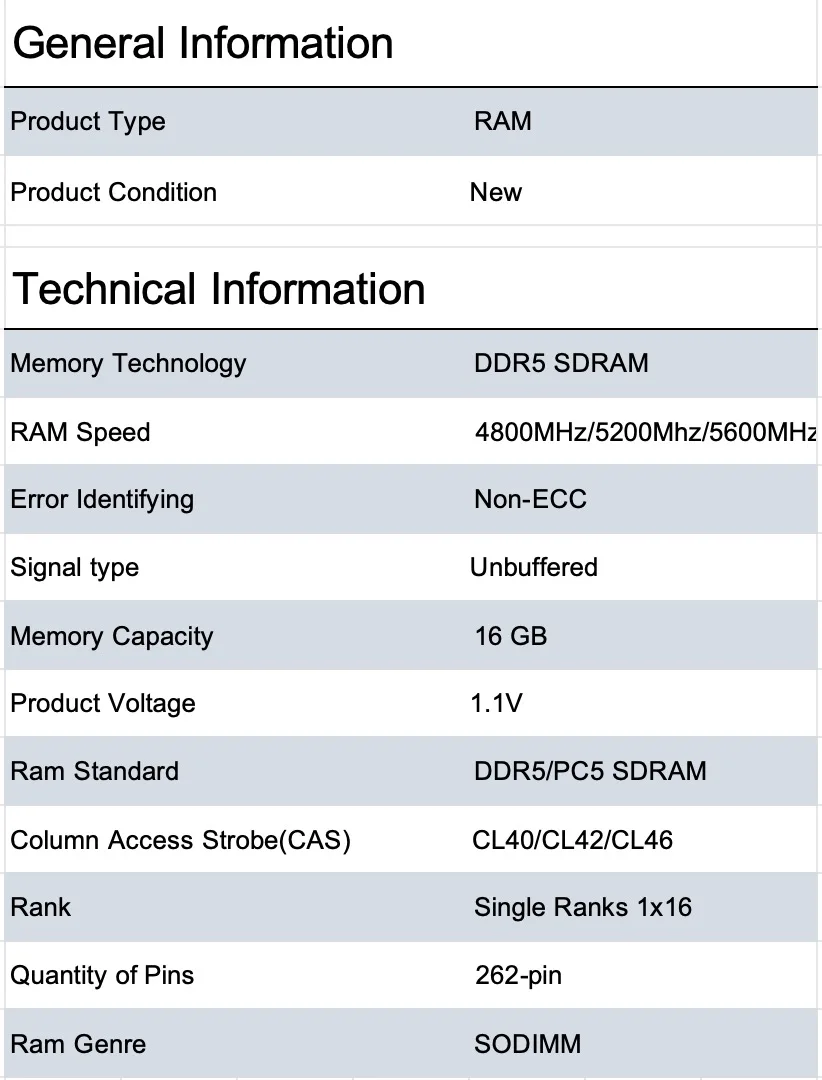 OEM 16GB DDR5 Laptop RAM Original Chipset with ECC Function 4800mhz 5200mhz 5600mhz Memory in Stock