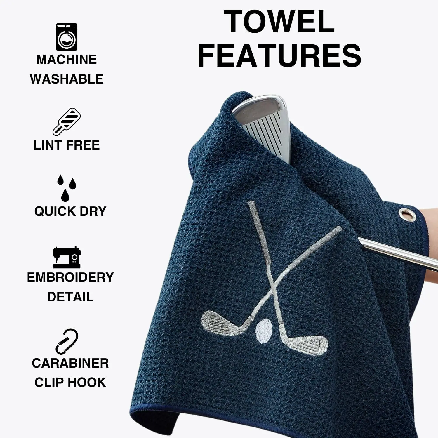 Custom Navy Blue 40 x 60cm Jacquard Embroidered Logo 16x24 Inch Microfiber Waffle Polyester Golf Towel Sports Sublimation Blank details